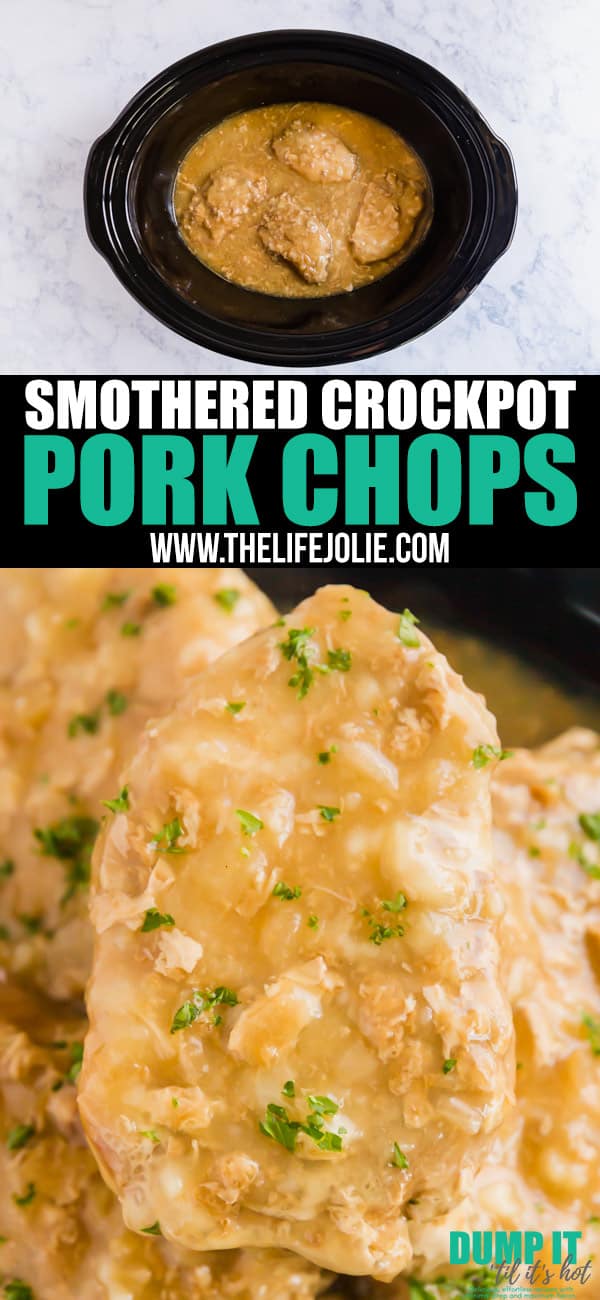 Say goodbye to dry and tough pork chops: these Smothered Crock Pot Pork Chops are the ultimate fall-apart tender comfort food. With just 4 ingredients, this easy dinner will be your new go-to dump dinner!