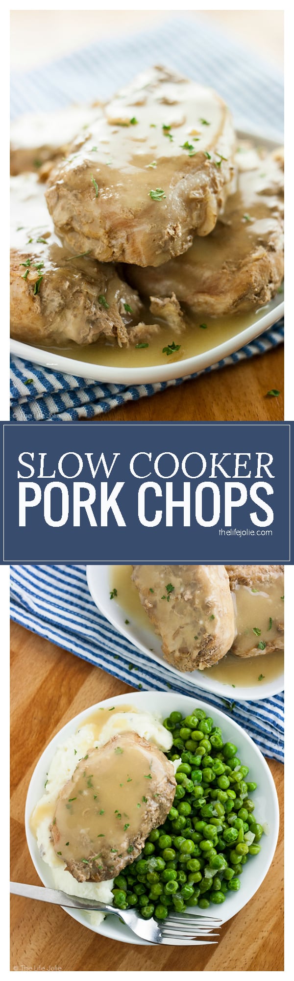 Say goodbye to overcooked pork chops! These Slow Cooker Pork Chops are the perfect weeknight and back-to-school meal! Only 3 ingredients and with minimal work, this recipe leaves you with pork chops that are fall-apart tender and savory and delicious juices that make a fantastically savory gravy!