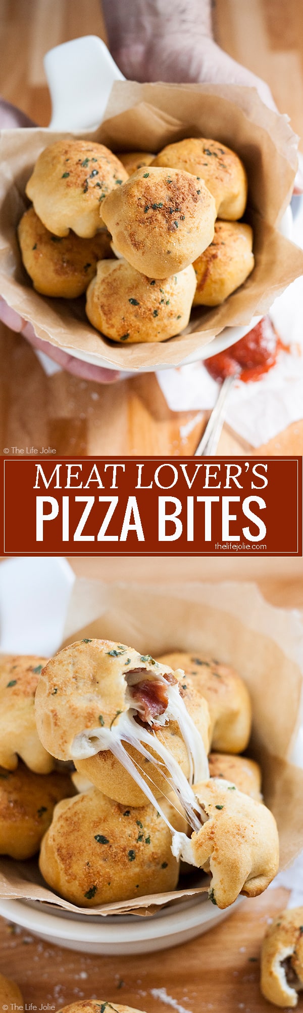 This Meat Lover's Pizza Bites recipe is the ultimate game day appetizer! Pepperoni, sausage, bacon and melted cheese, enveloped in a warm biscuit and dipped in tomato sauce. These homemade snacks will be a welcome addition to any tailgate party!
