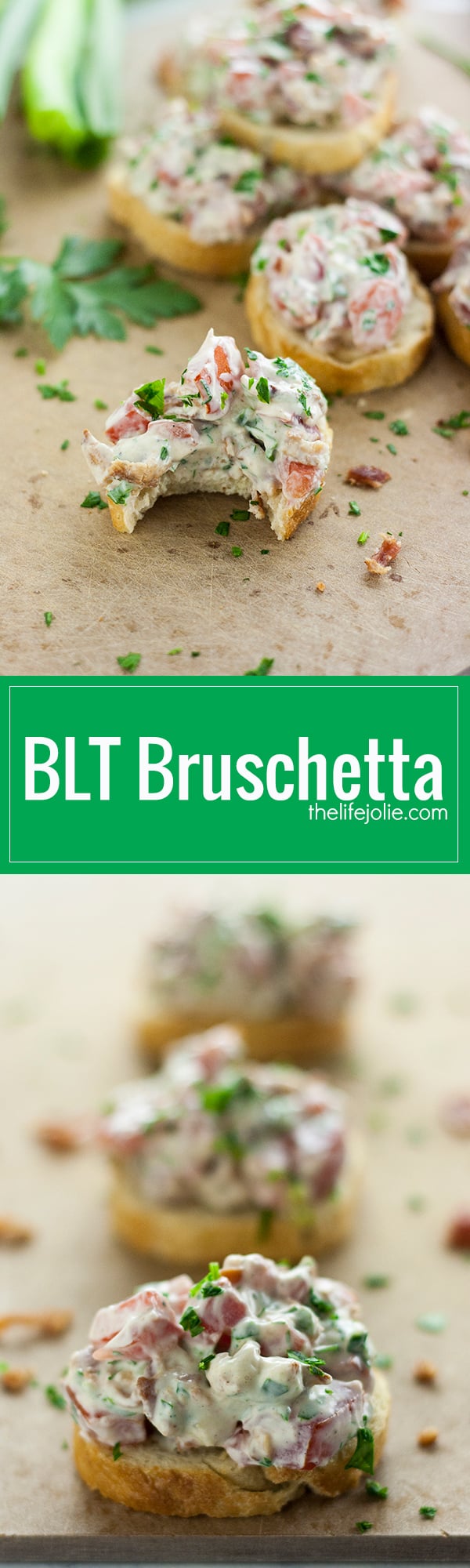 This BLT Bruschetta recipe is the perfect dish-to-pass for a last minute get together, party or game day celebration. Tomatoes, bacon, parsley and green onions come together in a creamy mixture and are spread atop crispy slices of baguette. This delicious flavor combination makes wonderful little appetizers that you won't be able to stop eating!