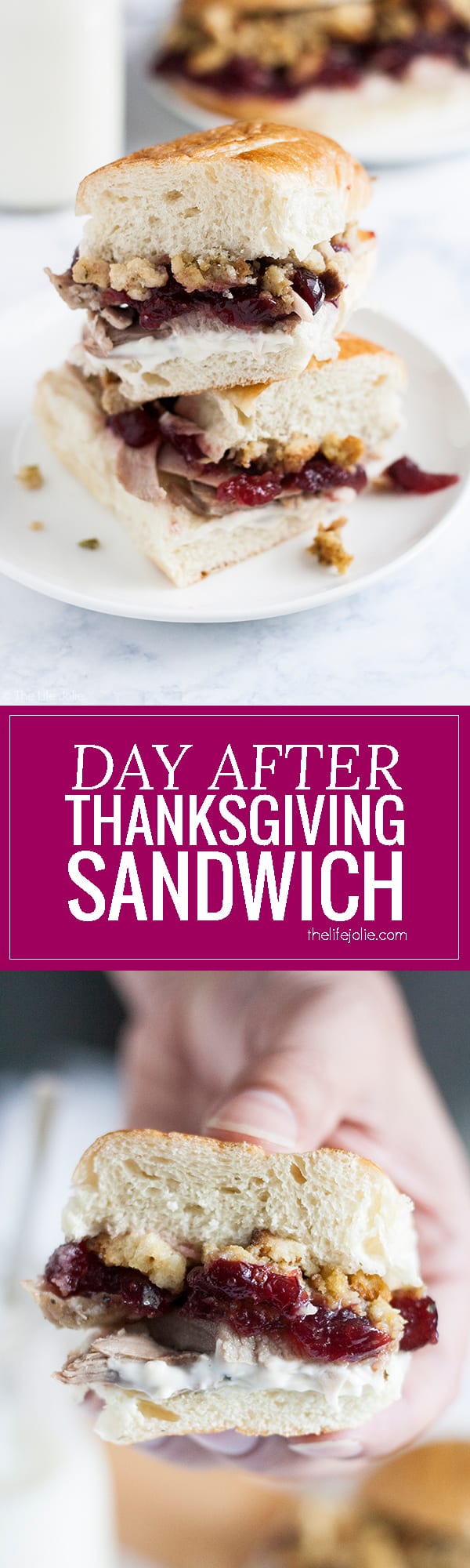 This Day After Thanksgiving Sandwich is one of my favorite recipes to enjoy leftovers! Tender turkey, sandwiched between halves of your favorite bun with tangy cranberry sauce, savory stuffing and mayonnaise. I love enjoying this for lunches or dinners around the holidays!