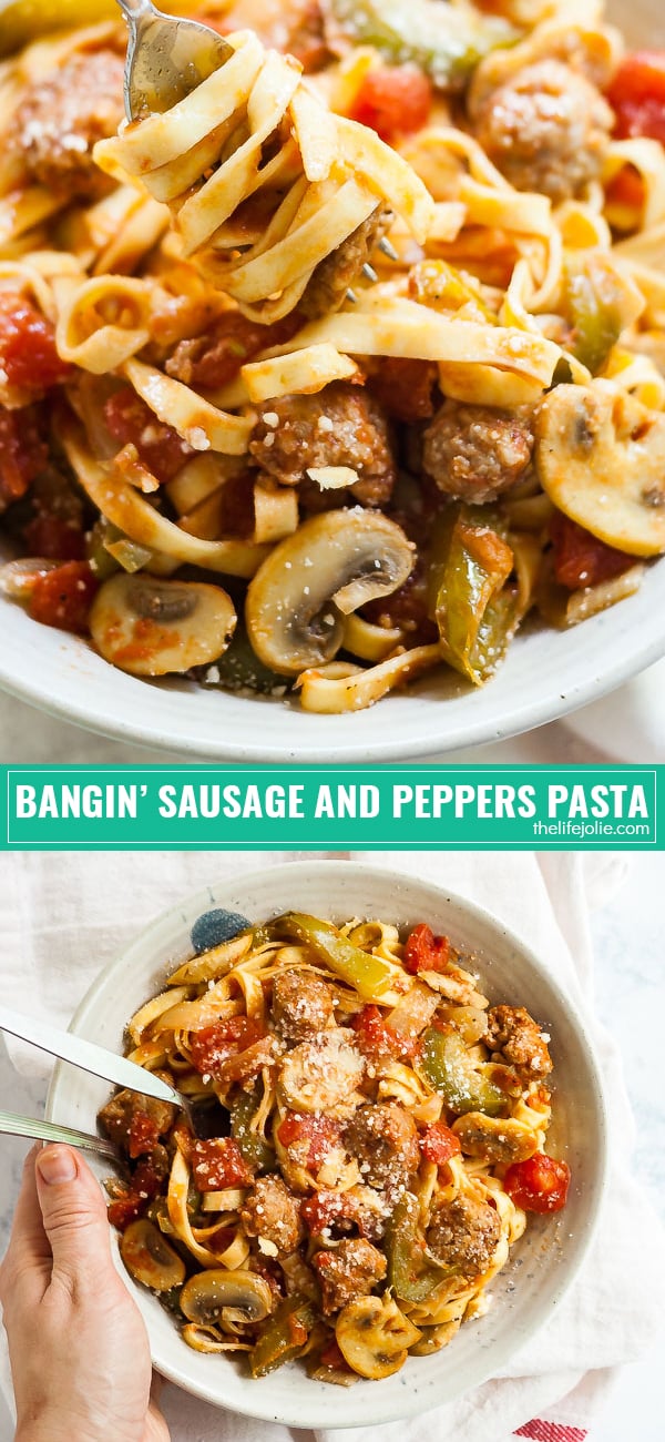 This Sausage and Peppers Pasta recipe is such an easy dinner! Sausage, peppers, onions, mushrooms and garlic combine with diced tomatoes and white wine to make a simple Italian meal. This is a delicious, quick weeknight dinner for families and a great date night meal for couples!