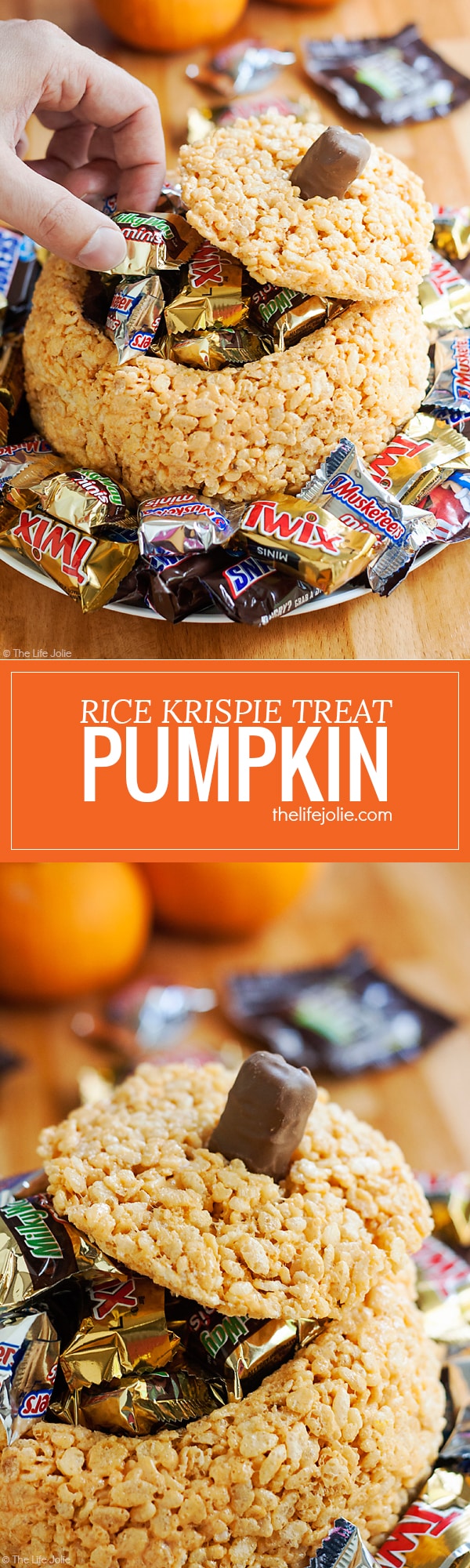 This Rice Krispie Treat Pumpkin is the perfect addition to your holiday table. It's an easy, kid friendly dessert that looks awesome filled with candy and is so much fun for a Halloween party or Thanksgiving!