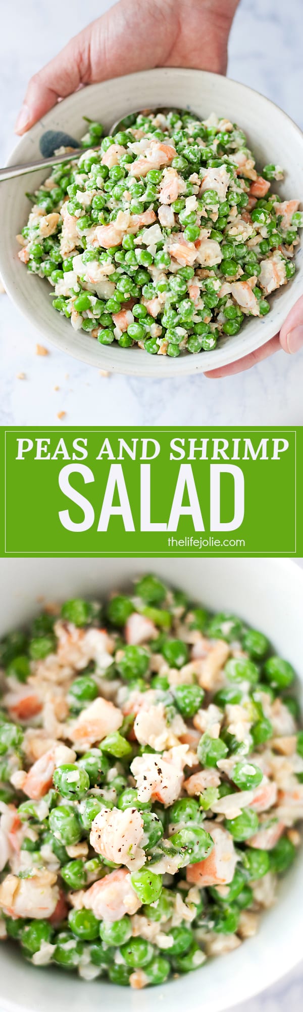 This Peas and Shrimp Salad recipe is a super easy side dish that's perfect for any holiday get together! It's served cold because it's creamy with sweet green peas (I totally used frozen!), shrimp, and cashews and water chestnuts which make it crunchy. Make this if you need a tasty and light Thanksgiving side dish!