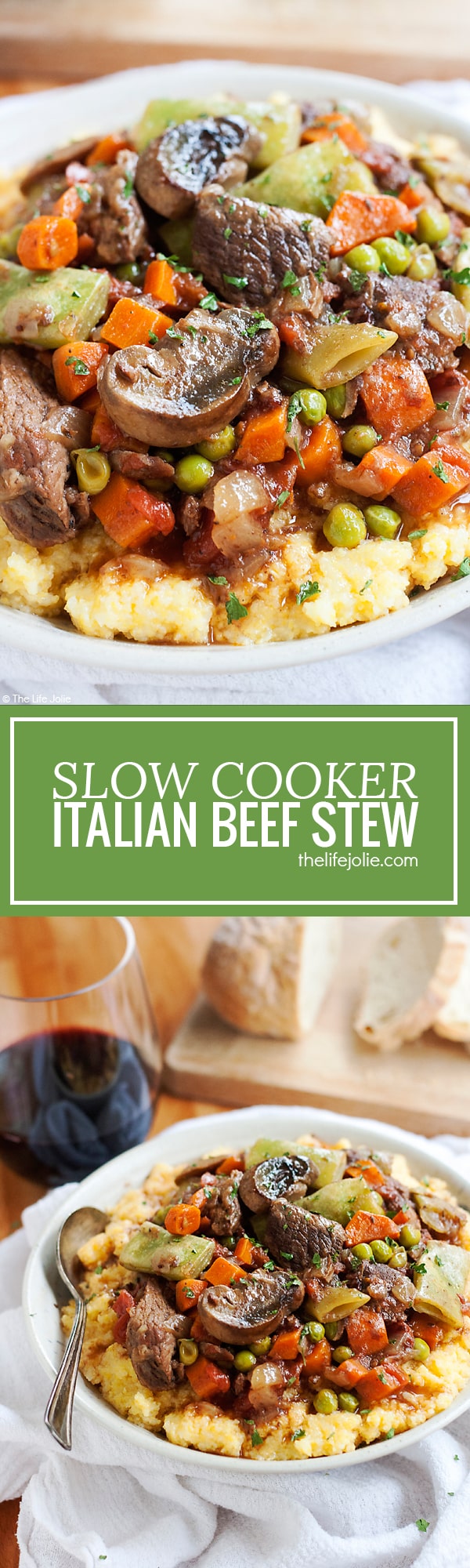This Slow Cooker Italian Beef Stew recipe is one of my favorite easy comfort food meals. With tender meat, vegetables, tomatoes (and a little bit of wine for good measure!) this tastes fantastic served over potatoes, pasta or polenta with a nice, crusty piece of bread!
