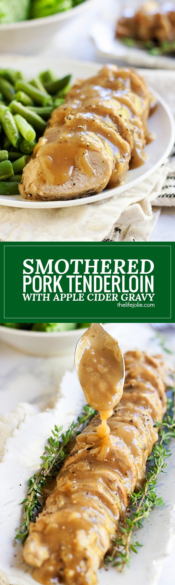 This Smothered Pork Tenderloin in Apple Cider Gravy is the best meat main dish for a holiday dinner when you have a small group of people to feed and also makes a quick and cozy weeknight meal! This recipe is so easy but tastes fantastic and comes together quickly!