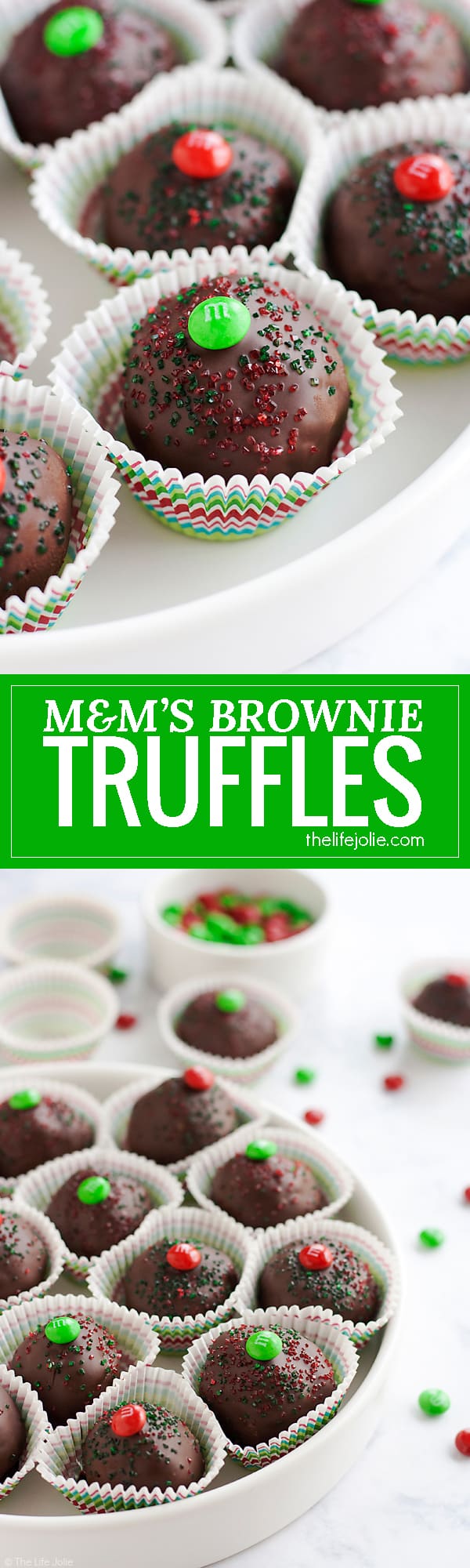 These M&M's Brownie Truffles are an easy chocolate dessert recipe and an excellent gift to give this holiday season. It's a super-simple recipe made with rich, fudgy brownies and a surprise in the middle. These are a pretty addition to any Christmas cookie platter that the whole family will love!