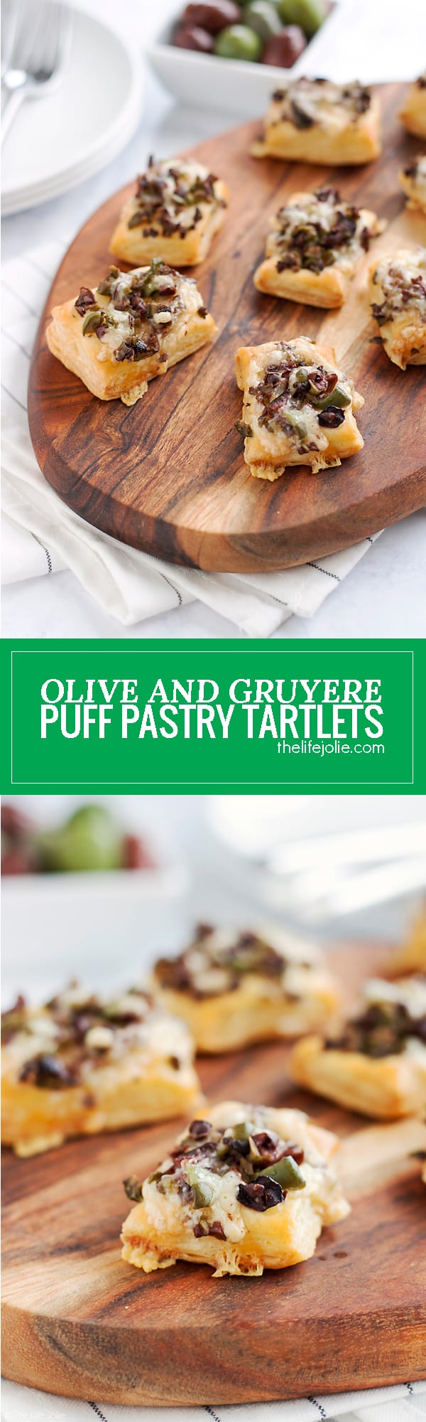 This Olive and Gruyere Puff Pastry Tartlets recipe is one of my new favorite easy appetizers to throw together! Just four simple ingredients (including frozen puff pastry dough, olives and cheese) and they come together quickly for the holidays or any parties you may be having!