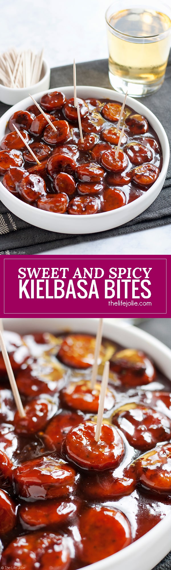 These Sweet and Spicy Kielbasa Bites are such an easy recipe! Just 3 simple ingredients and they're ready in around 20 minutes. These glazed sausage bites are sure to be at hit at any holiday or game day party!