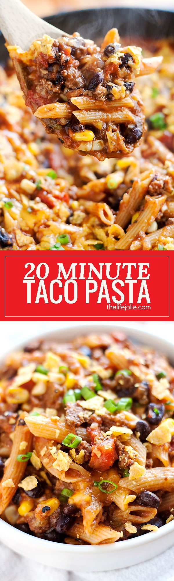 20 Minute Taco Pasta is such an easy one pot recipe. This tasty dinner is made in one skillet with ground beef and Barilla Pronto Penne Pasta. It's creamy, cheesy and full of great flavor that the whole family will love!