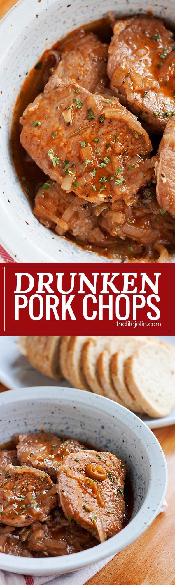 Drunken Pork Chops is one of the easiest dinner recipes for busy families. This is low-maintenance cooking at it's finest that makes the most delicious, savory sauce with simple ingredients like red wine and onions- even your kids will love it (don't worry, the alcohol cooks off)!