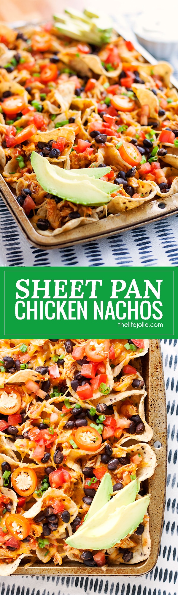 These Sheet Pan Chicken Nachos are an easy and delicious game day snack recipe! They are so simple to put together and bake up in the oven with tortilla chips, leftover taco meat, plenty of cheese and all sorts of other great toppings! You've got to try these!