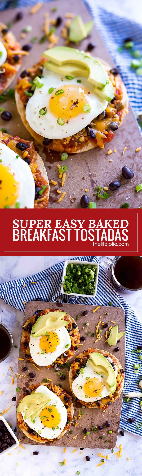 Baked Breakfast Tostadas are one of my favorite easy recipes to make for breakfast (or lunch- or brunch!). This is simple cooking at it's finest with corn tortillas, salsa, black beans, cheese and eggs. You can get creative and take it in whatever direction you'd like- this quick and delicious dish is definitely a keeper!