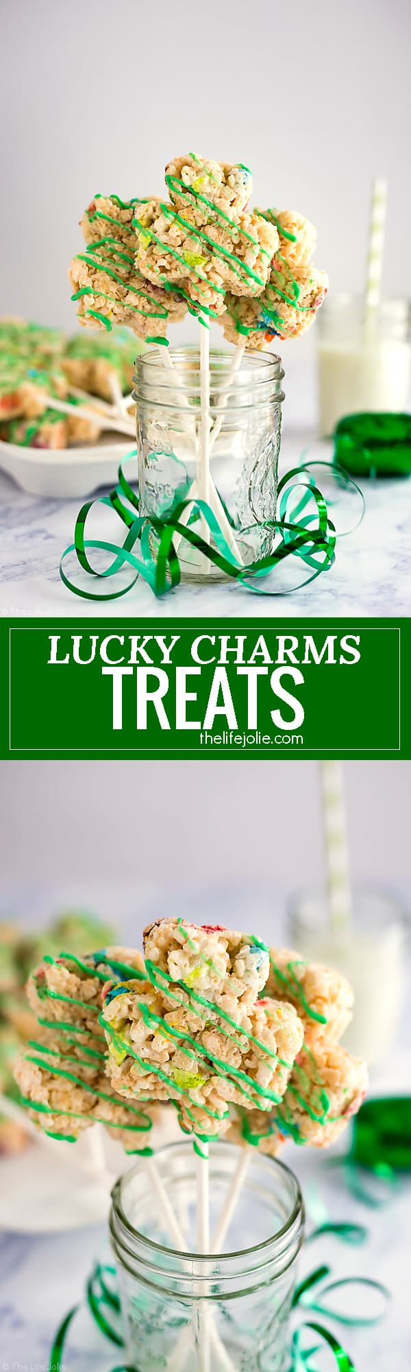 These Lucky Charms Treats are a super easy and fun dessert recipe to celebrate St. Patrick's Day with the kids! They're made with Rice Krispies and the marshmallows from Lucky Charms and drizzled with white chocolate that's been dyed green. These snacks are such a fun option to bring to parties and get-togethers!
