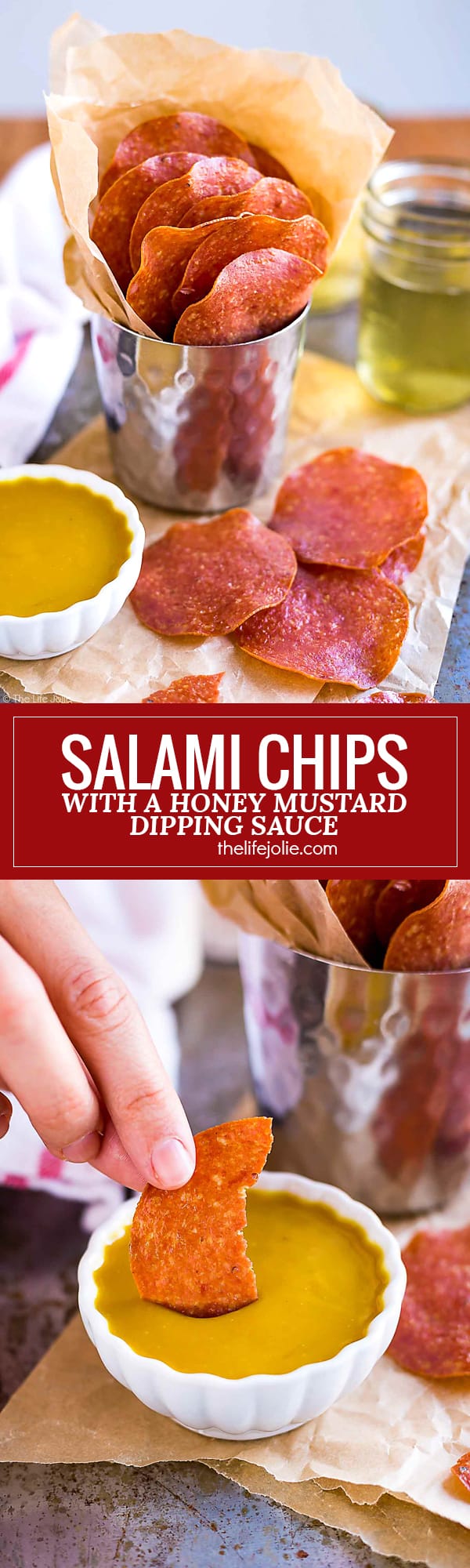 These Salami Chips are a seriously addictive appetizer recipe! They're super easy snacks to make and taste even better with a Honey Mustard dipping sauce. This is the perfect food to bring to parties and game day gatherings!