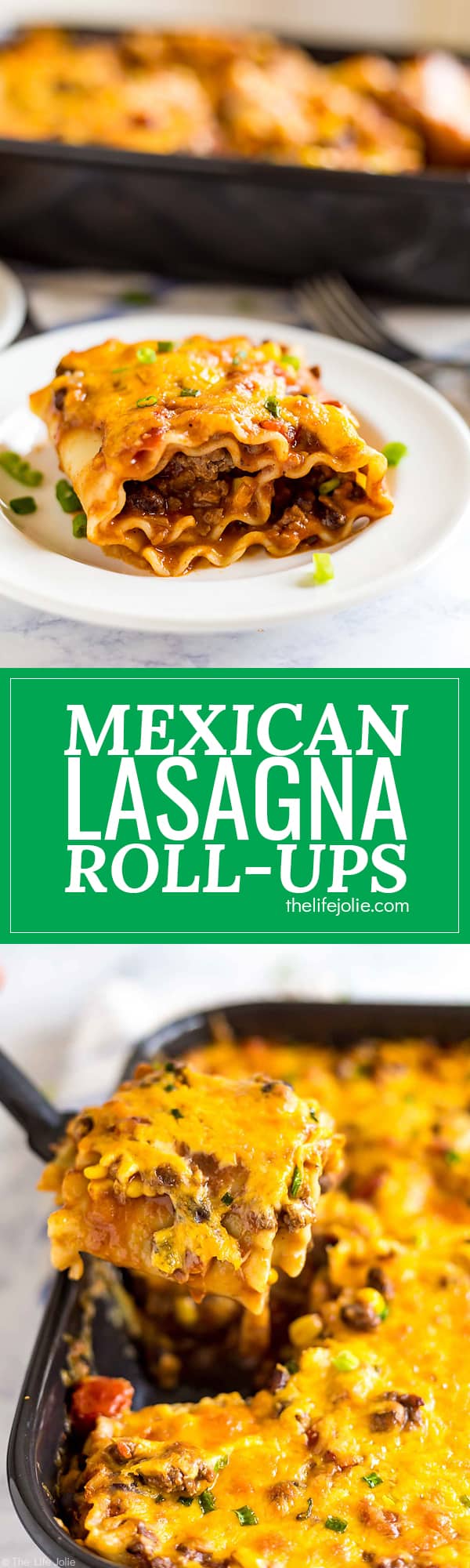 Mexican Lasagna Roll-ups are a delicious combination of two family favorites: Lasagna and Tacos. This is an easy recipe featuring meat, cheese, beans, corn, tomatoes and rolled up in lasagna noodles. They're total comfort food and great for when you're cooking for family and friends!