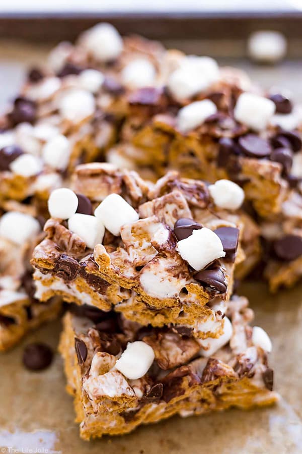 A pile of smores bars with the focus on the very front one.