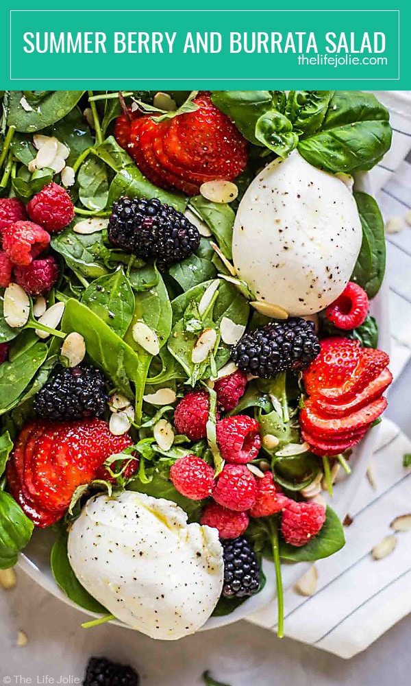 Summer Berry and Burrata Salad is a healthy and delicious recipe. It's easy to make with baby spinach, berries, sliced almonds and creamy Burrata cheese with a homemade honey vinaigrette. This makes a festive side for entertaining guests or a great main dish on a hot summer night when you don't want to cook!Summer Berry and Burrata Salad is a healthy and delicious recipe. It's easy to make with baby spinach, berries, sliced almonds and creamy Burrata cheese with a homemade honey vinaigrette. This makes a festive side for entertaining guests or a great main dish on a hot summer night when you don't want to cook!