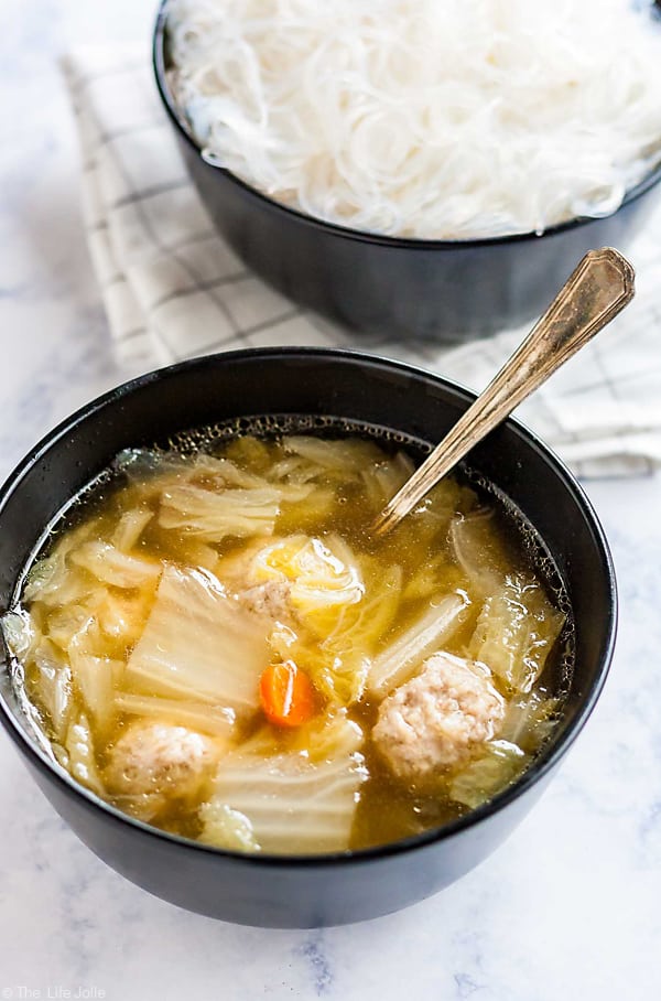 A cozy bowl of Pork and Cabbage Meatball Soup