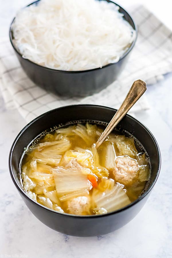 Cabbage and Pork Meatball Soup with glass noodles.