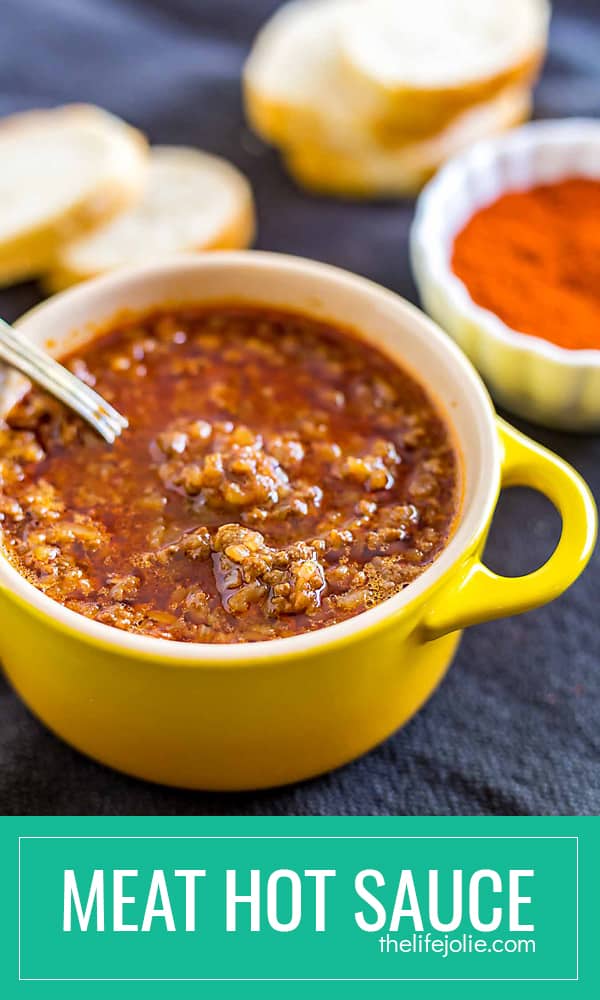 This Meat Hot Sauce recipe is a regional upstate New York treat! This is the same hot sauce that you'll find on a Nick Tahou's garbage plate. It's easy to make, spicy and delicious- the perfect Father's Day surprise and freezes perfectly to pull out for a picnic!