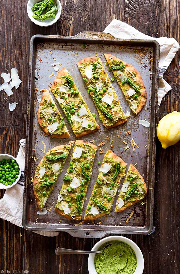 Two Pea Pesto Flatbreads from an overhead view.