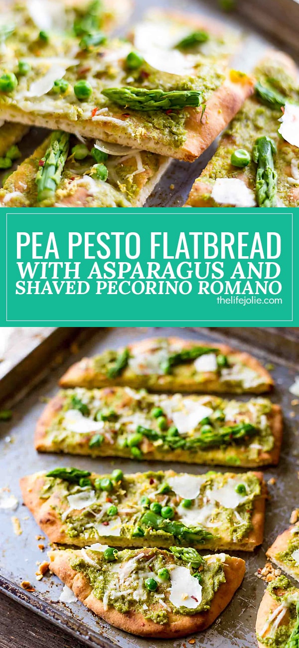 This Pea Pesto Flatbread recipe is a quick and delicious appetizer. It's super easy to make and full of fresh spring flavors and topped with asparagus and shaved Pecorino Romano cheese. This is perfect for a warm summer night while sipping wine on your patio!
