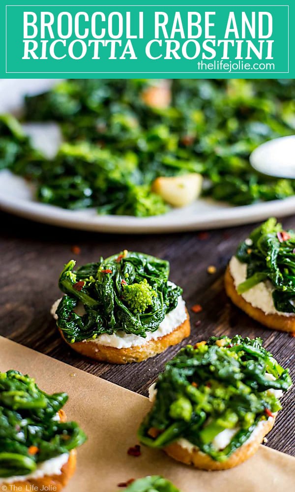 This Broccoli Rabe and Ricotta Crostini is a simple and delicious throw-together appetizer. It's easy to make at the last minute with great garlic and spicy flavor!