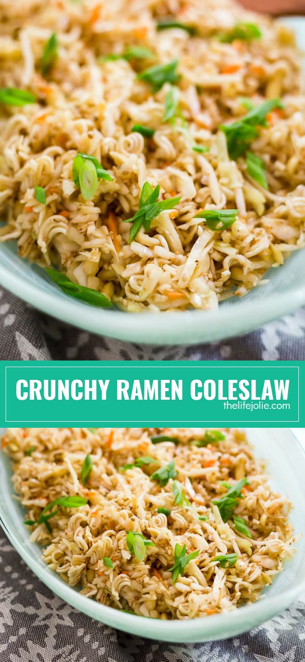 This Crunchy Ramen Coleslaw is as an easy, Asian inspired salad that whips up in minutes. It's one of the most simple and healthy recipes I've tried, made with cabbage and Ramen and served cold with a delicious, flavorful dressing that the whole family will love!
