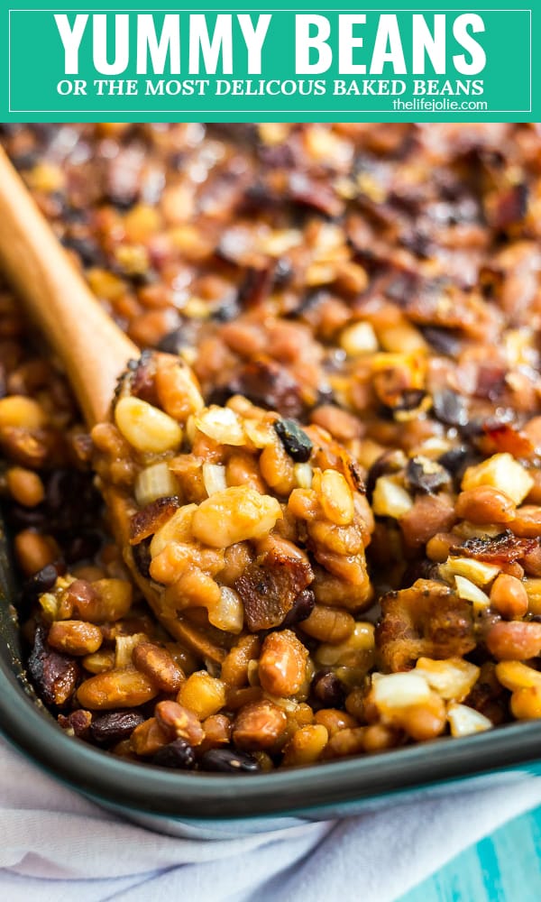 This recipe for the Most Delicious Baked Beans is the best quick and easy recipe for a crowd! Made with brown sugar, bacon and tons of different varieties of beans, they bake up perfectly in the oven and no one will be able to resist going in for seconds!