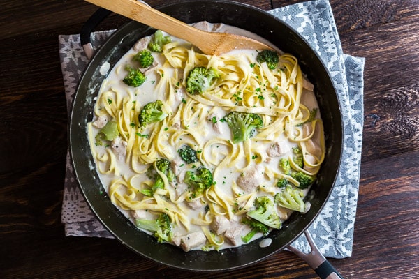 An overhead shot of a pan of Creamy Chicken and Broccoli Pasta.