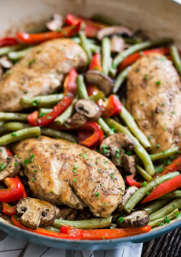 One Pot Balsamic Chicken Skillet with green beans, peppers and mushrooms.