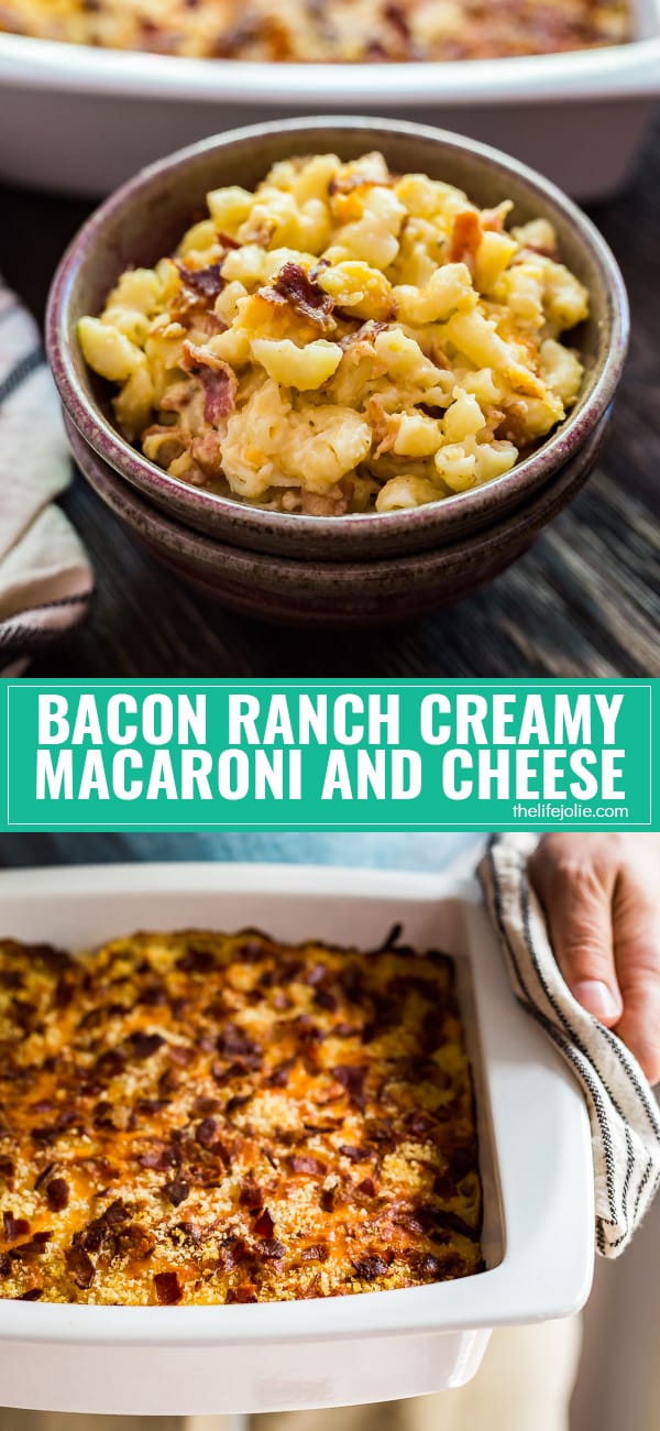 This Bacon Ranch Mac and Cheese recipe is a fun twist on this classic homemade family favorite. Smoky bacon and zesty ranch seasoning combine in a creamy cheese sauce on the stove and as finished in the oven- this is a fantastic game day option, but easy enough to enjoy on a busy weeknight.