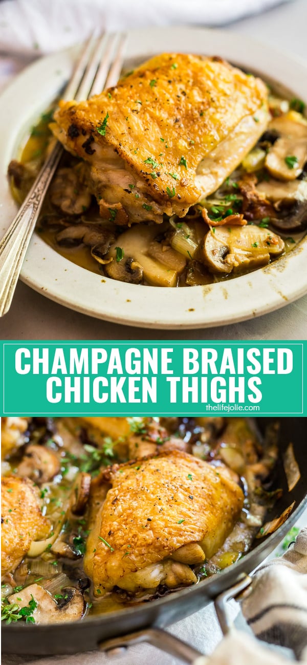 Champagne Braised Chicken Thighs is such an easy fall recipe. It's pretty quick to make on a weeknight and roasts up beautifully in the oven with bacon, leeks and mushrooms in a deliciously savory wine sauce the whole family will love!