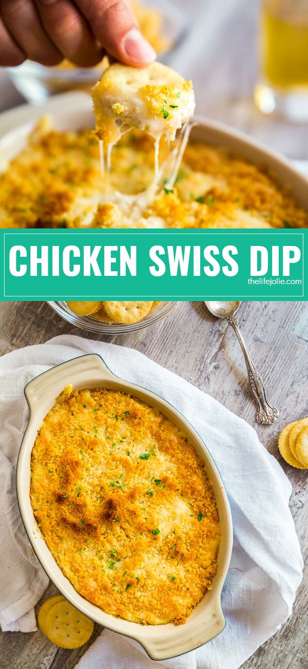 Hot Chicken Swiss Dip: it's ooey, gooey, cheesy and totally addictive! This easy recipe is a great appetizer made with simple ingredients. It's the comfort food that game day dreams are made of!