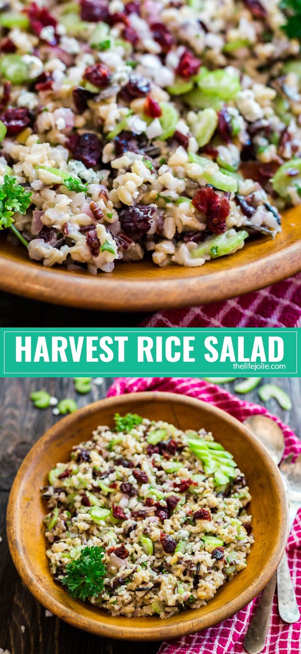 This Harvest Wild Rice Salad is the perfect make ahead side dish for Thanksgiving or any other party. It's an easy recipe to make with dried cranberries, shallots, celery and crumbly blue cheese. Everyone will be coming back for seconds!