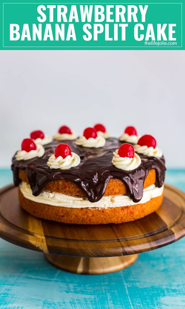This Strawberry Banana Split Cake is an easy dessert recipe. It's actually a cake mix hack that is inspired by the classic ice cream sundae but in the form of a layered cake. This is as delicious as it is gorgeous and a total showstopper for your next party!