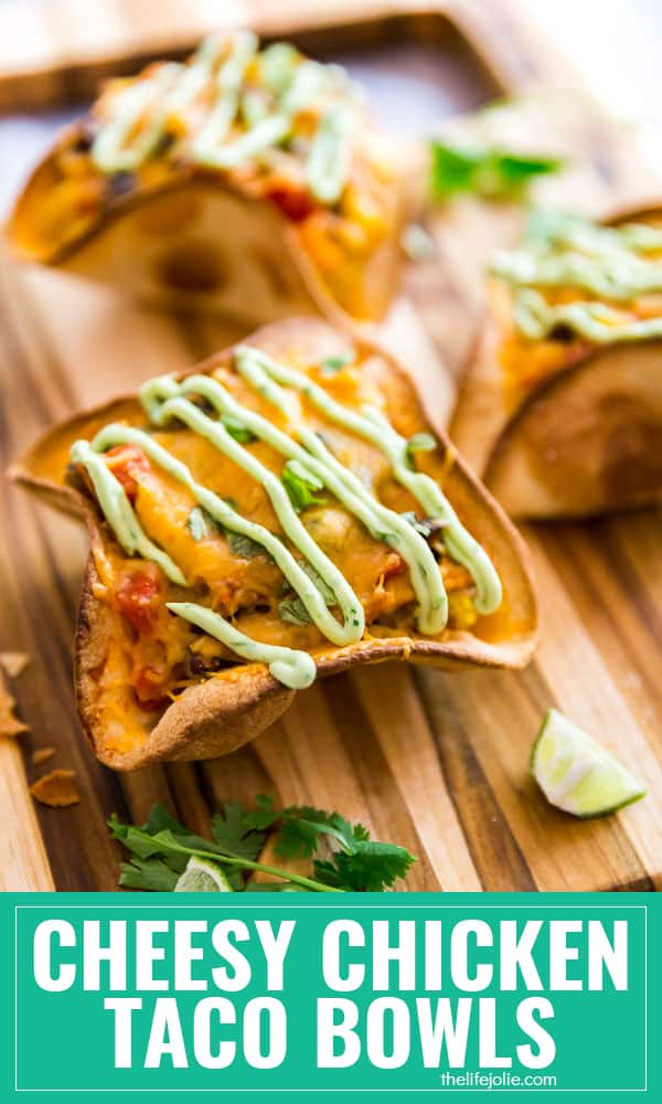 Cheesy Chicken Taco Bowls are the best way to stretch chicken (or turkey) leftovers! They're as quick and easy as they are delicious! This one is a keep and also the perfect way to use Thanksgiving leftovers!