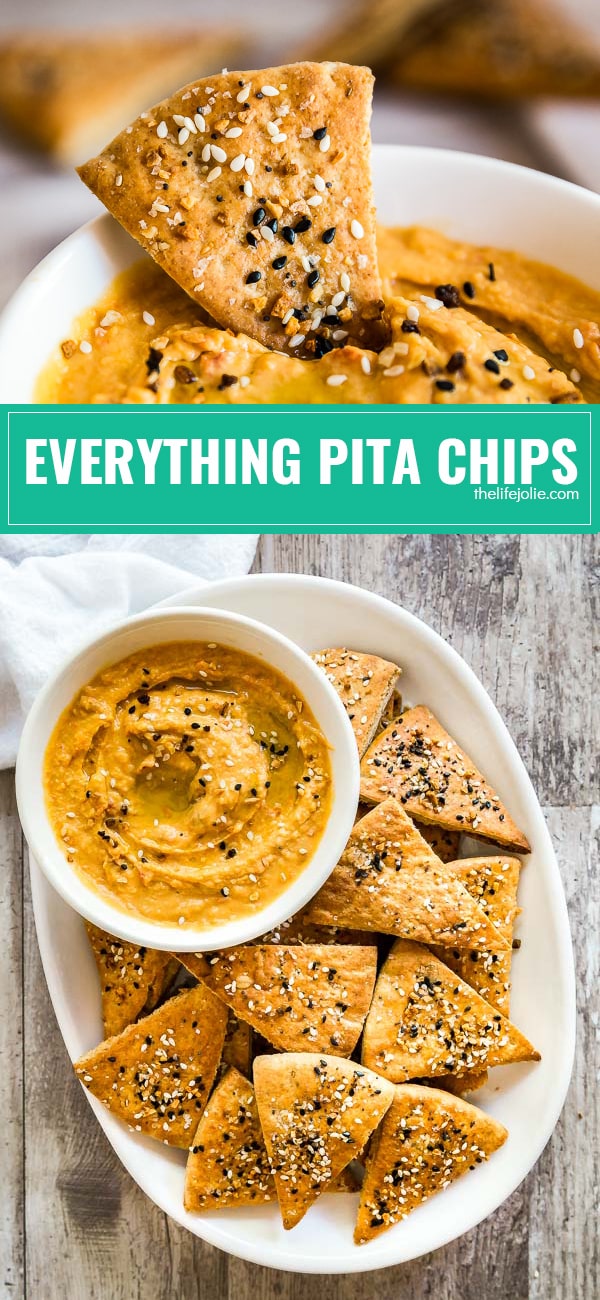 This homemade Everything Pita Chips recipe is a super easy and healthy appetizer. This post shows you how to make DIY Pita Chips with Everything Bagel Seasoning- they're baked to perfection and are the tastiest snacks you'll find!