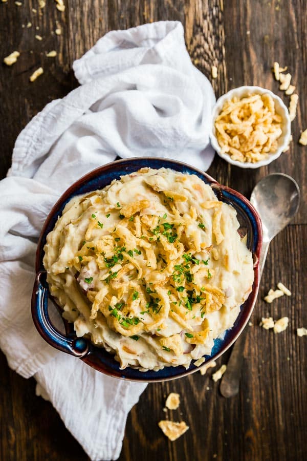 An overhead shot of French Onion Creamy Mashed Potatoes.