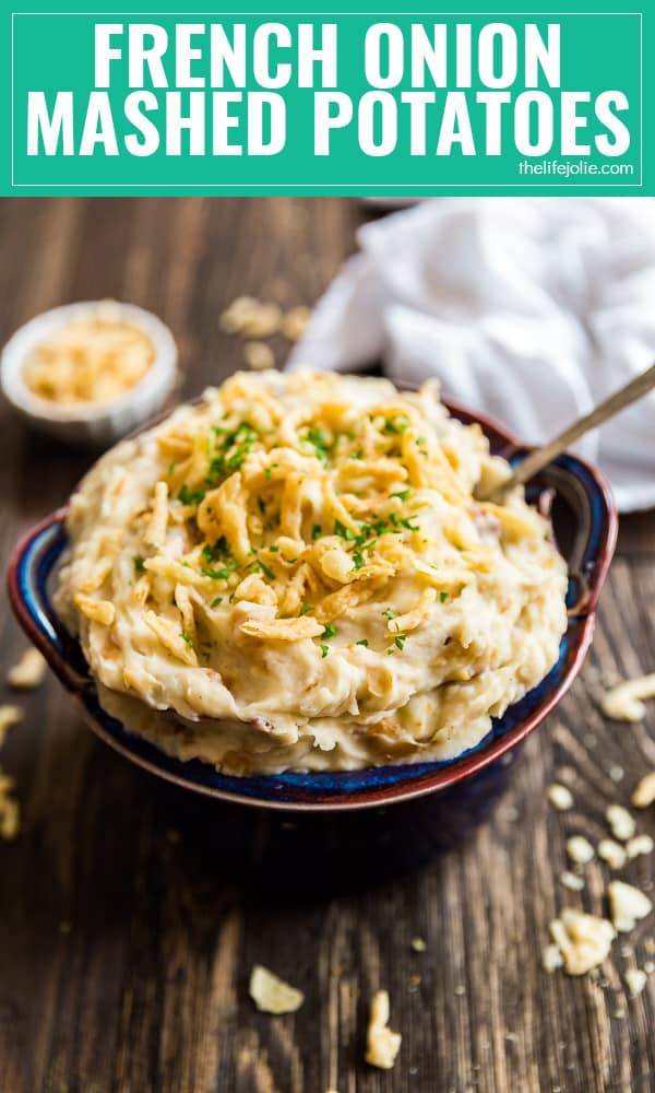 If you love classic Mashed Potatoes, you've got to try this easy French Onion Creamy Mashed Potatoes recipe- all the homemade, creamy goodness you love with a savory, umami punch from caramelized onions! This is the best simple way to kick your Thanksgiving (or any regular dinner side dish) up a notch!