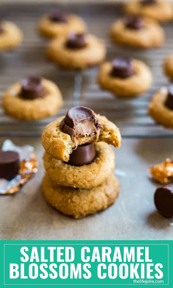 This Salted Caramel Blossoms Cookies recipe is the best easy twist on Traditional Peanut Butter Blossoms. These homemade cookies are the perfect soft and chewy dessert option to make this Christmas or for any other holiday or special occasion (or just because!).