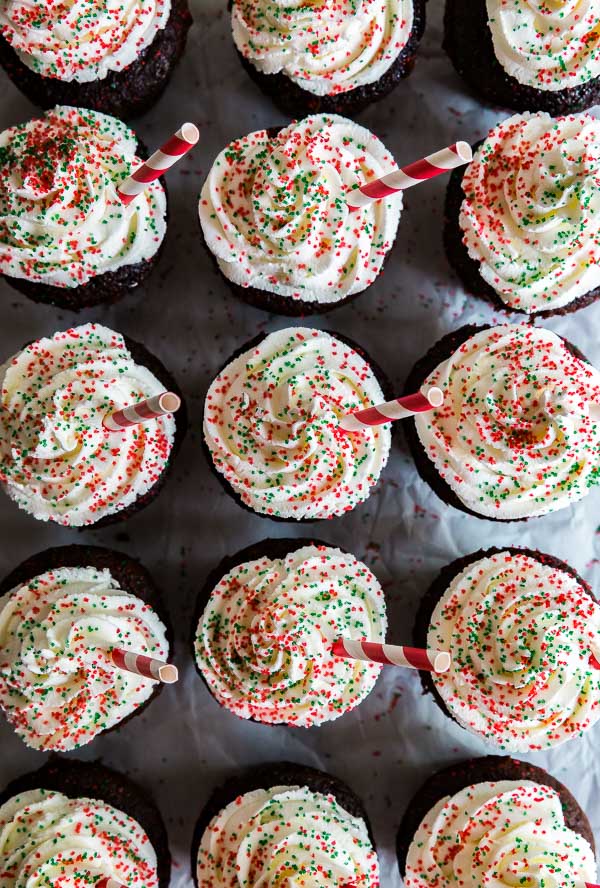 An overshead shot of Peppermint Hot Chocolate Cupcakes lined up.