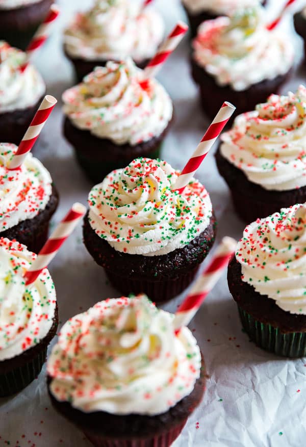 Peppermint Hot Chocolate Cupcakes with the one in the middle in focus.